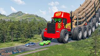 Giant LOGS DUMP MACK TRUCK VS Cars Lightning McQueen & Police Car & Giant Water Pit - Beamng.Drive screenshot 1