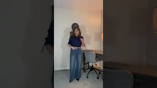 Styling Navy Button Down Shirt Med Wash Wide Leg Sparkle Denim Gold Belt Gold Bracelets Navy Pumps