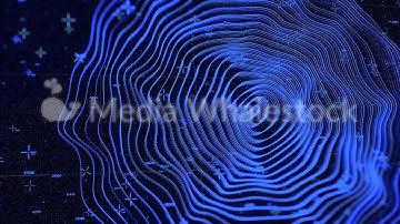 Abstract waving texture of glowing blue rings on black background, seamless loop. Animation. Many