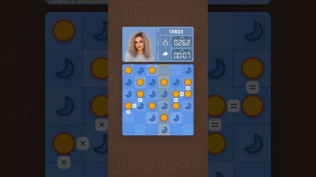 LinkedIn Tango #262 solved board for June 26, 2025, 6x6 grid