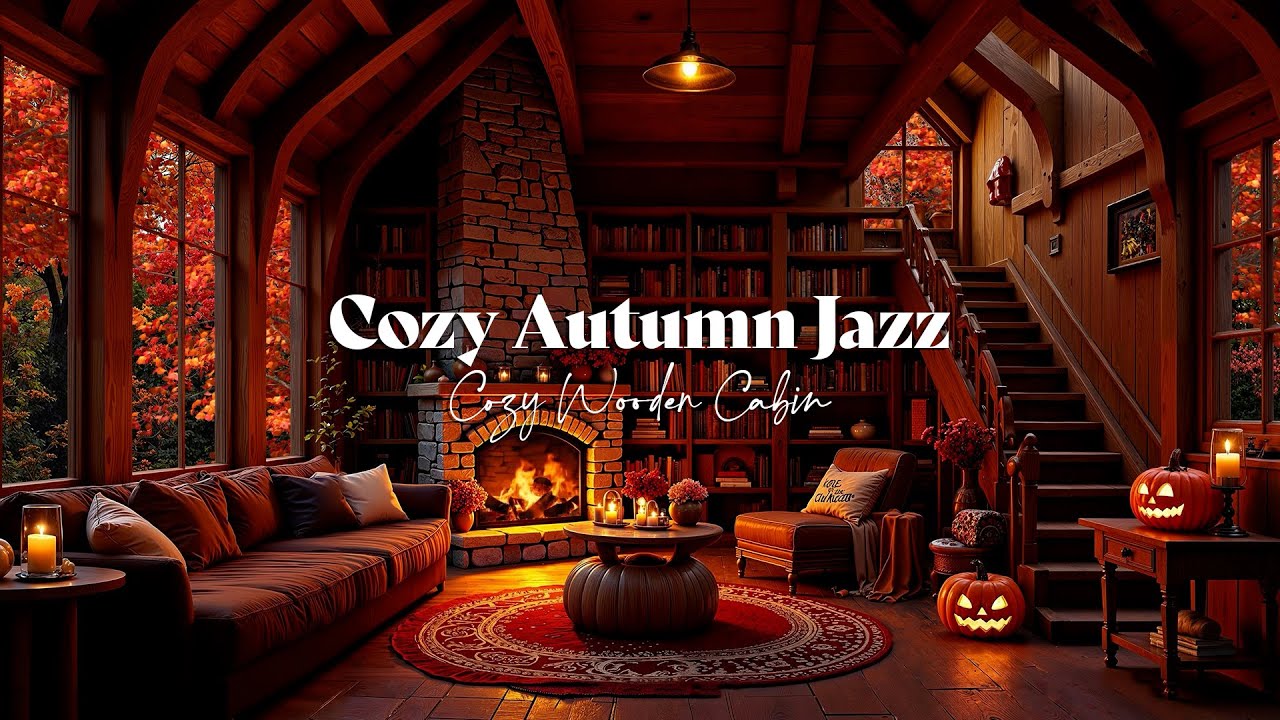 Autumn Day in a Cozy Wooden Cabin 🍂 Relaxing Jazz & Fireplace Sounds ...
