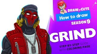 How to draw Grind | Fortnite season 9 step-by-step drawing tutorial with coloring page
