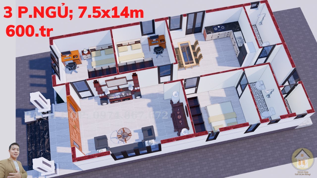 Mặt Bằng Nhà Cấp 4 Có 3 Phòng Ngủ 7.5x14m, 600 Triệu |... - youtube