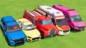 POLICE CARS, FIRE DEPARTMENT, AMBULANCE VEHICLES TRANSPORTING WITH SCANIA TRUCKS ! FS22