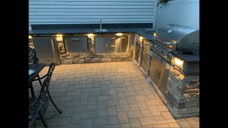 Amazing DIY Outdoor Kitchen Part 2: Veneer stone, BBQ Guys, lights, leathered granite countertop