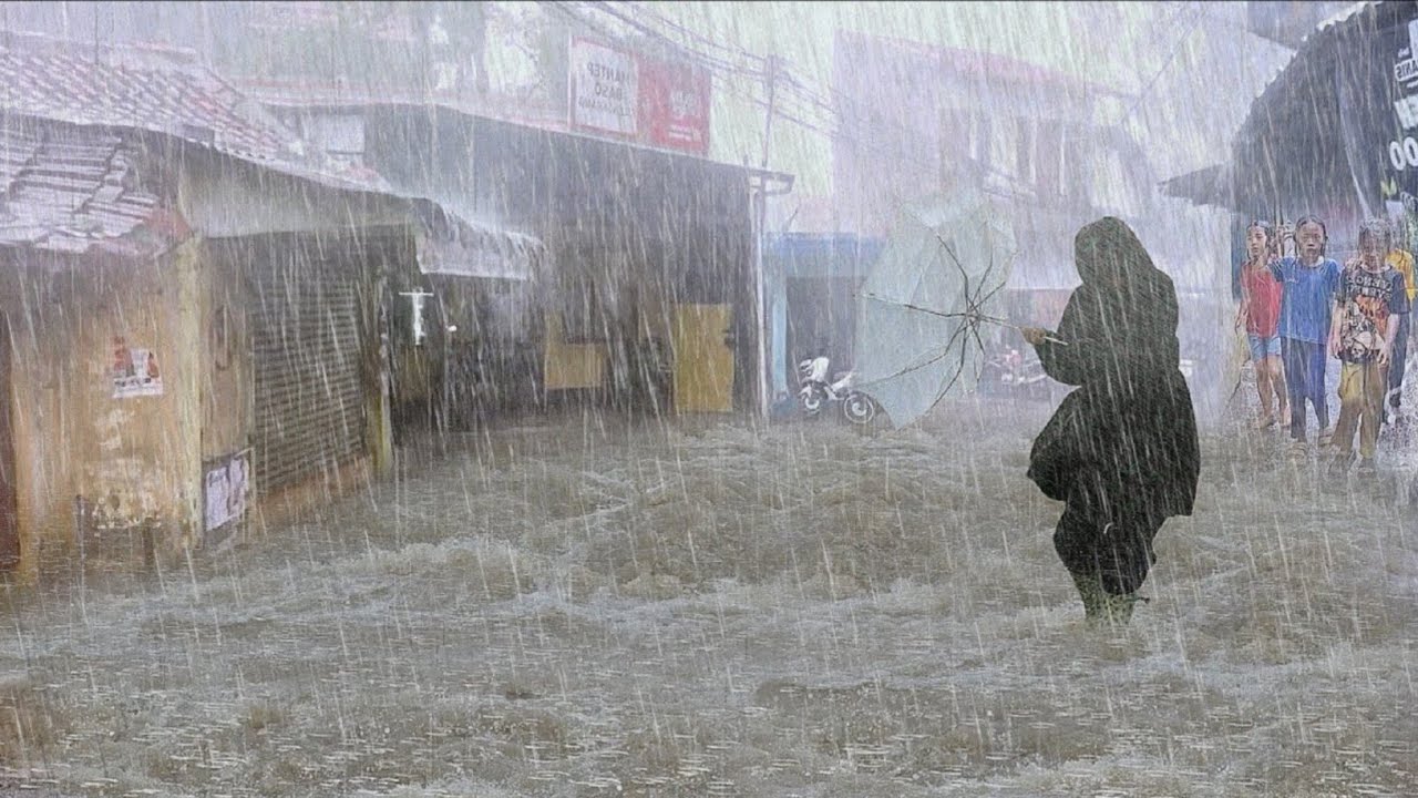 CRAZY EXTREME Rainstorm in Asia 🌧️ Violent Thunder & Torrential Downpour Hits Village Hard