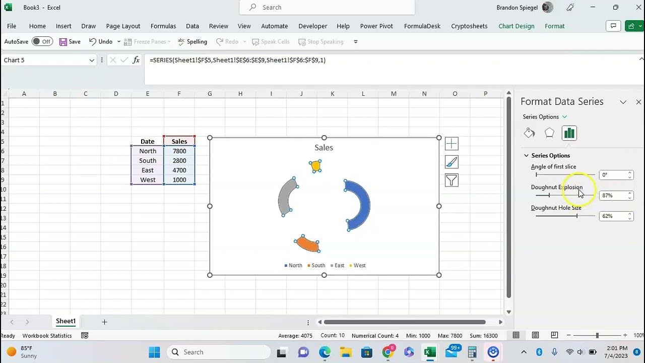 How to adjust the size of a hole and donut explosion in a donut chart