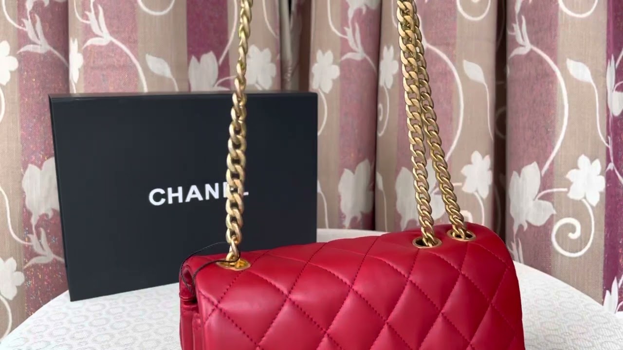 Chanel 22K Mini Flap Bag Adjustable Gold Chain Strap Lambskin Red 