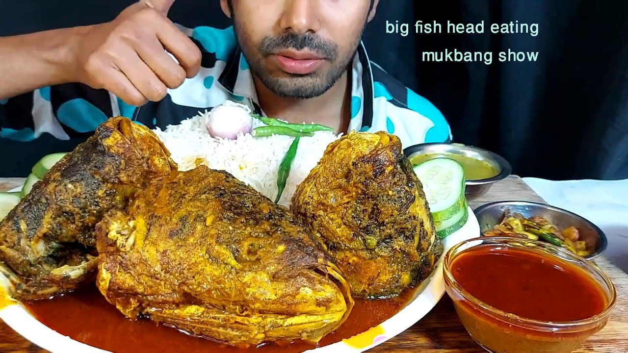 wow very big sea fish head curry basmati rice gravy eating show mukbang food