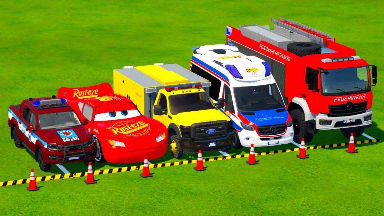 TRANSPORTING PIXAR CARS & FRUITS WITH COLORED & JOHN DEERE vs CLAAS vs TRACTORS - BeamNG.drive 