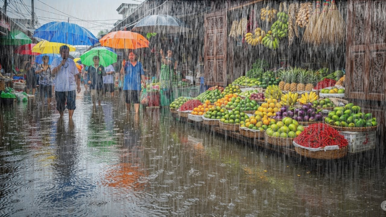 Heavy rain and overflowing water on the streetsoftraditional markets in rural Indonesia