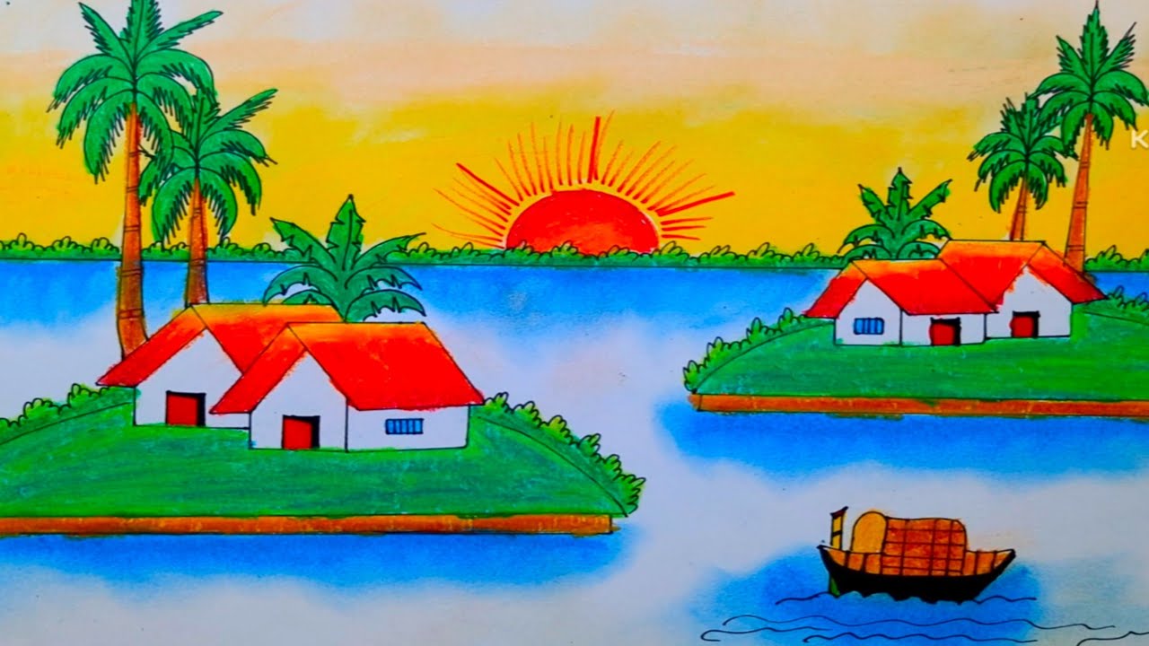Sunset Island Village Scenery Drawing Tutorial | Step-by-Step Landscape Art