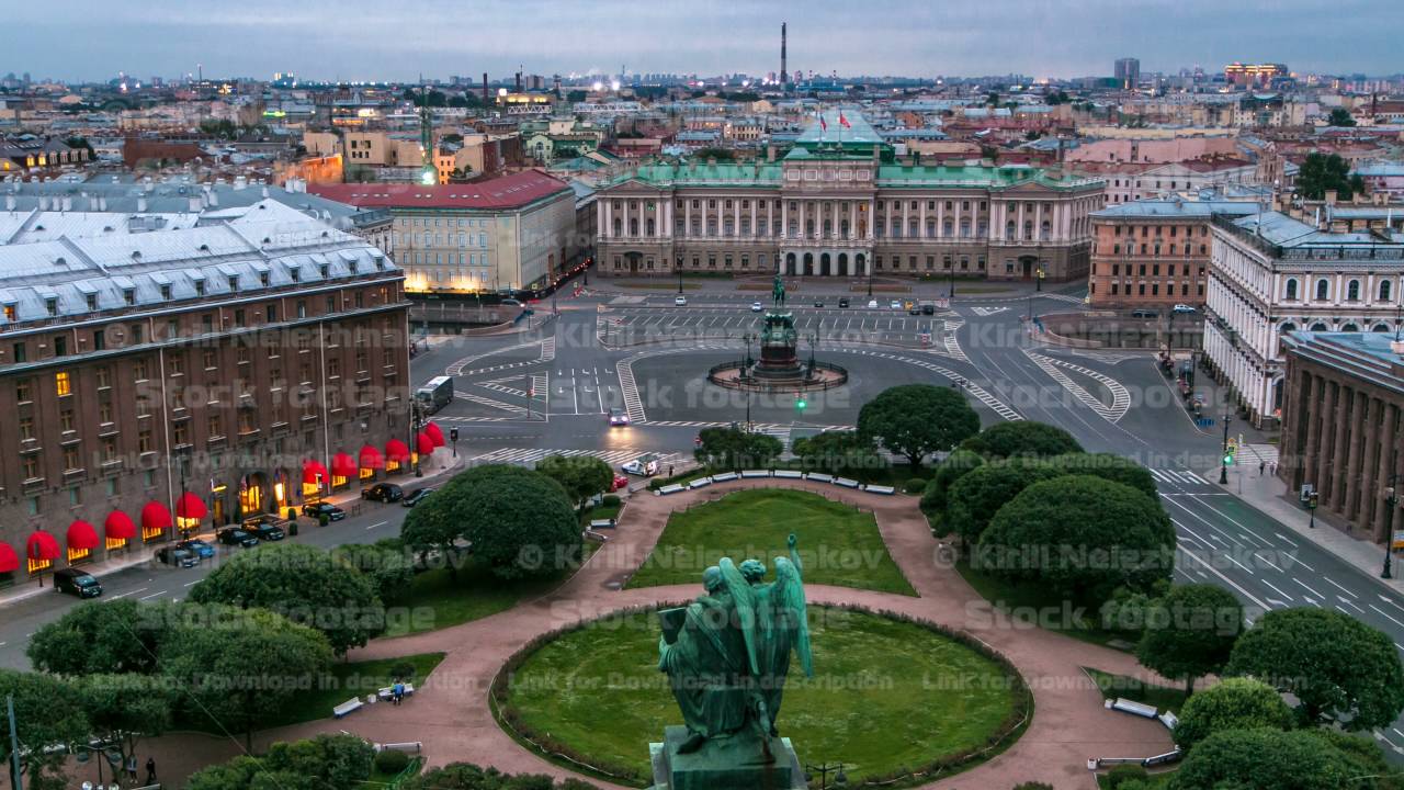 Panorama of Saint Isaac's Square from Saint Isaac's Cathedral in the summer timelapse. St Petersburg