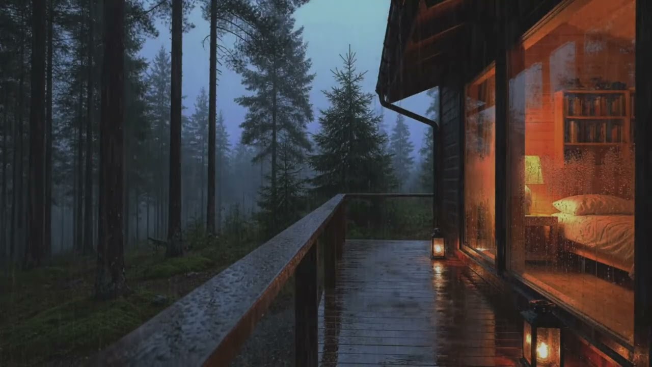 Natural rain at a forest cabin retreat, evening rain ambience promoting sleep balance over insomnia