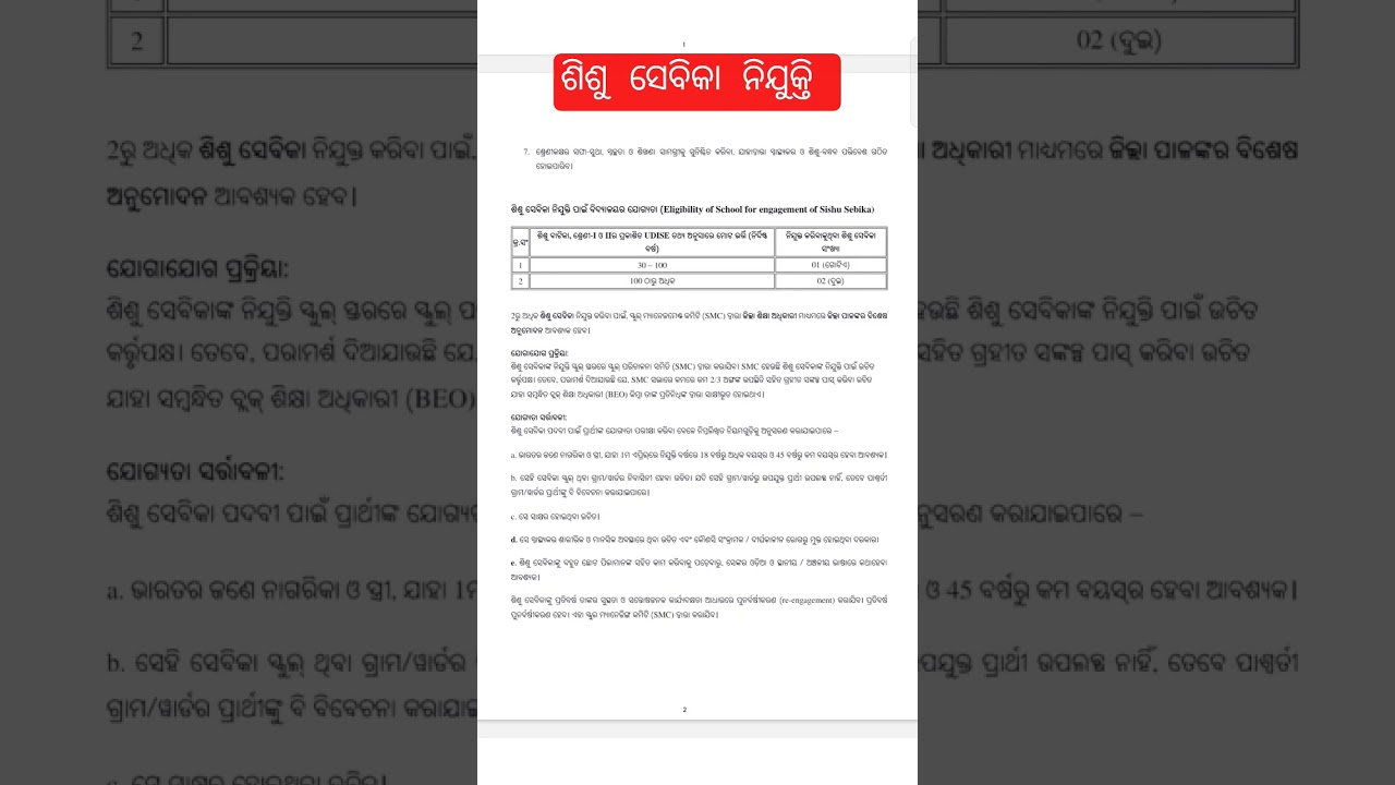 Sishu SEVIKA RECRUITMENT