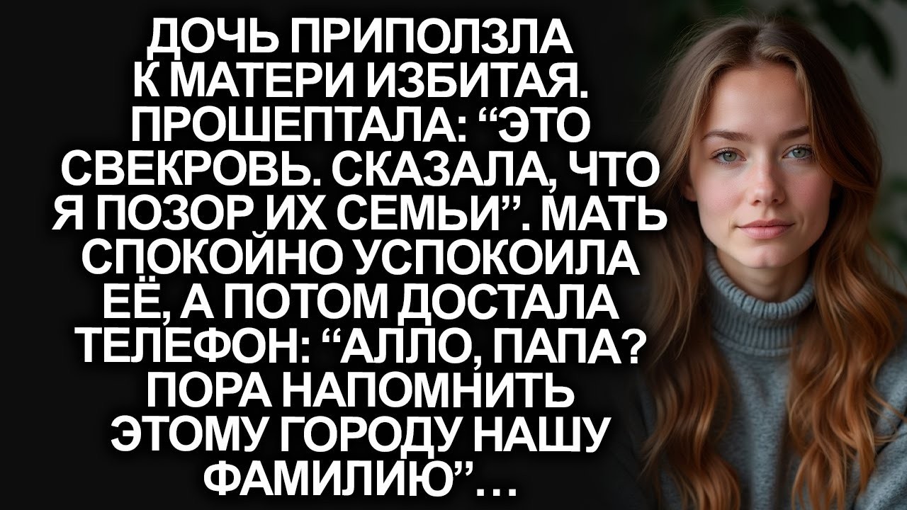 “Это свекровь!”, приползла дочь избитая. Мать спокойно набрала_ “Папа_ Напомним городу нашу фамилию”