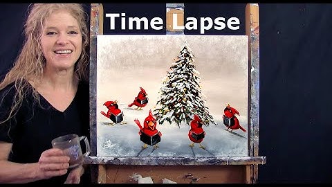 TIME LAPSE - Learn How to Paint CAROLING CARDINALS with Acrylic - Fun Holiday Step by Step Tutorial