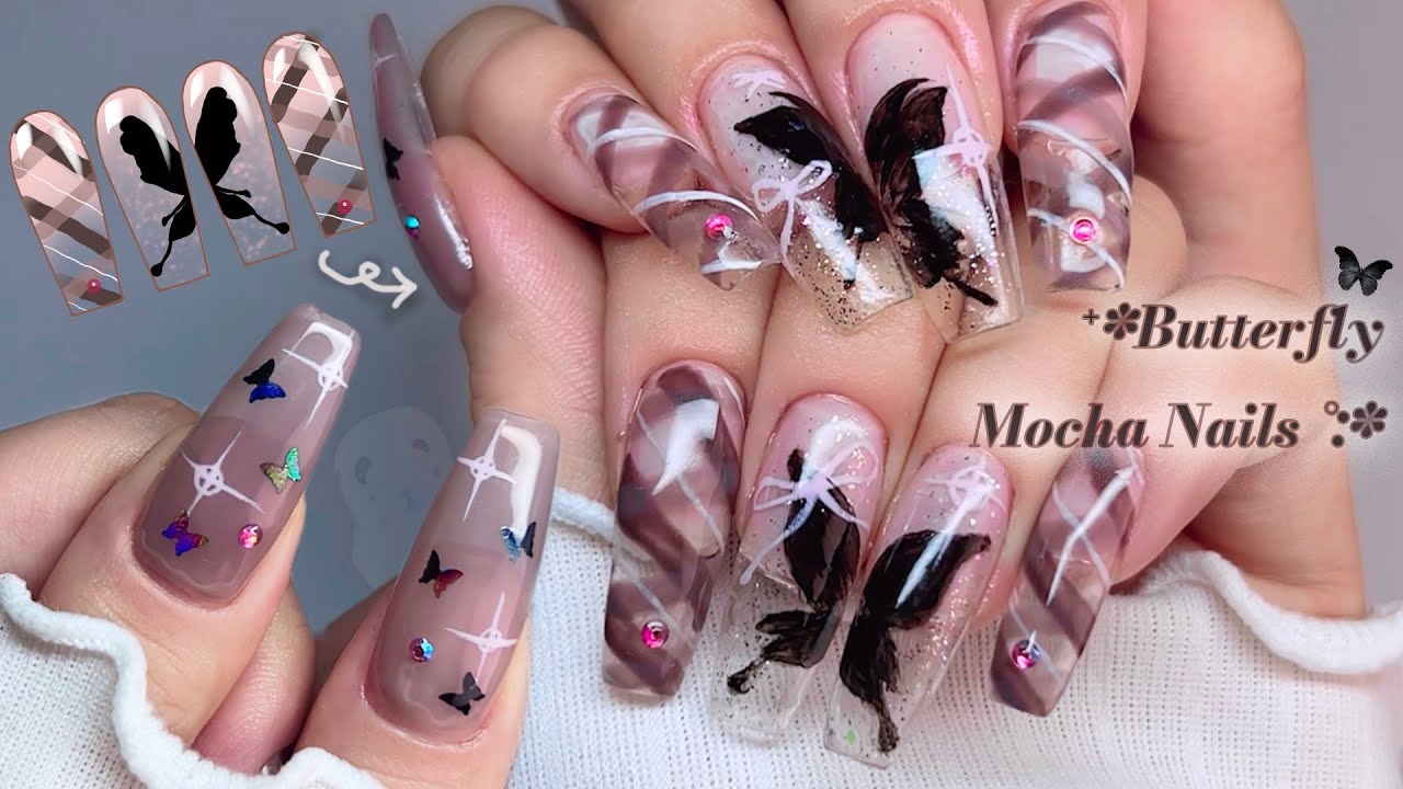 🦋블랙나비 & 모카무드🤎 셀프네일 |✧˖ 영롱하구,,힙하다,,!°⌖| 체크 무늬 그리기 🎨 | 네일 가성비템 추천 