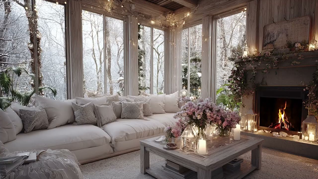 Winter Cabin Piano With Snowfall And Warm Fire For Deep Calm And Emotional Comfort