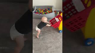 Little boy pushes down on shopping cart while then falls forward and bumps head