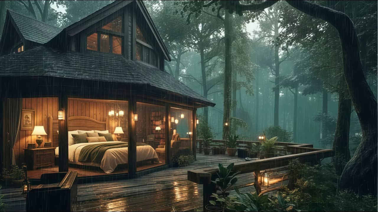 NO ADS Rain Sounds in a Cozy Wooden Cabin in the Forest 🌲 Peaceful ...