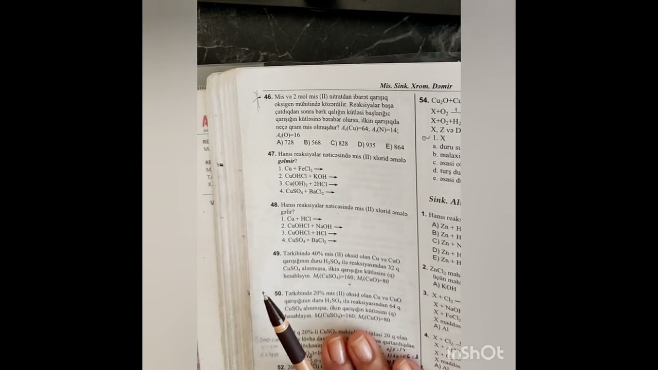 2-ci hissə kimya test toplusu / Mis. Alınması. Xassələri. Birləşmələri / səh 65 / 32-54 əhatəli izah