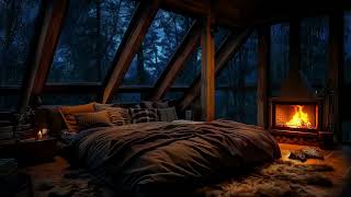 Rainy Night Retreat  Cozy Loft Bedroom with Fireplace and Sleeping Cat