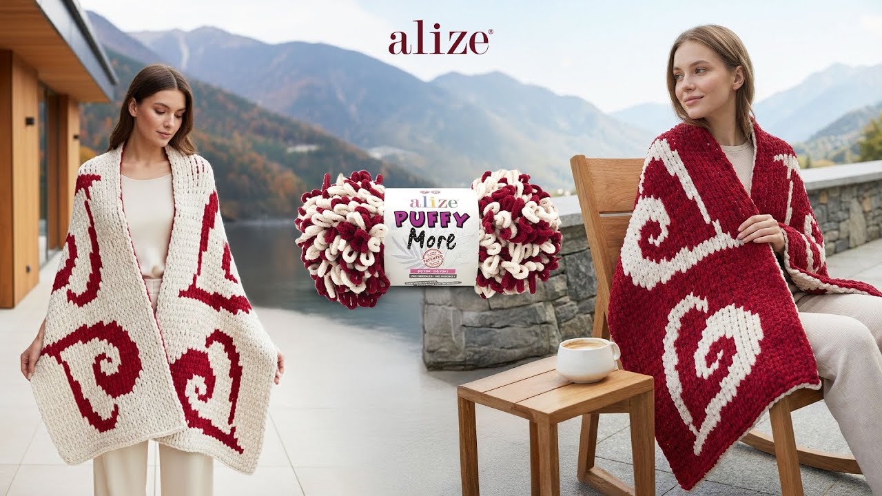 Шарф с узором «Сердце» из пряжи Alize Puffy More