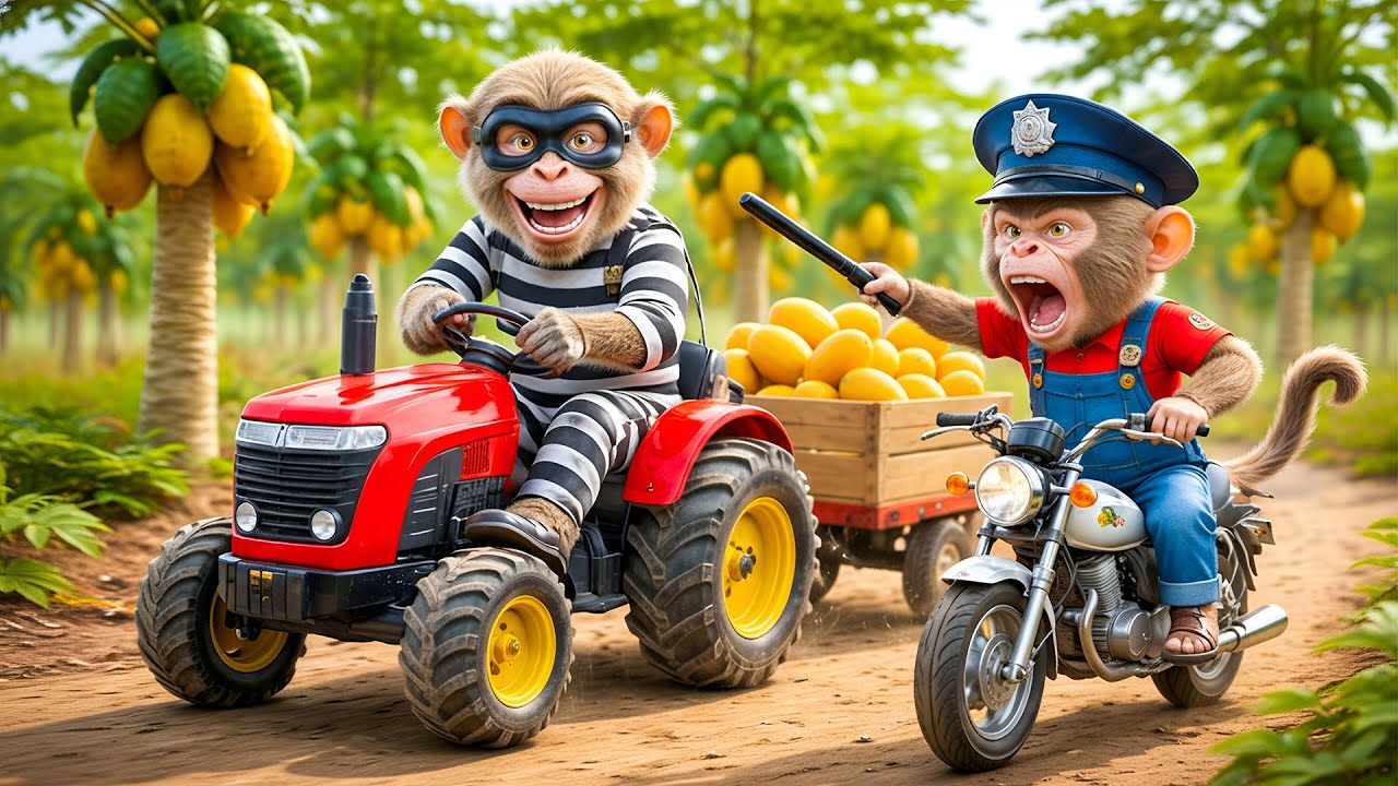 Baby Monkey Kiki Drives a Tractor to Harvest Papaya & Catches a Farm Thief 🚜🐒