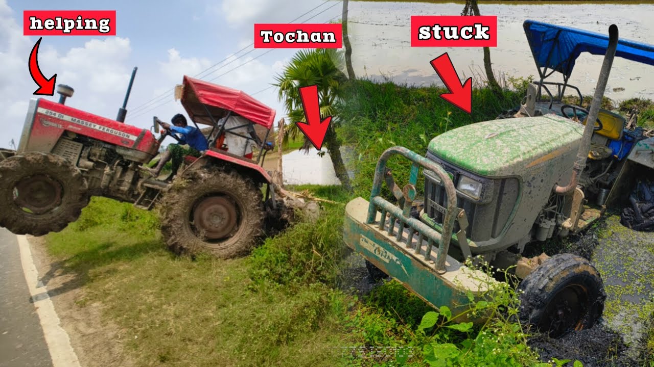 Massey 254 4×4 tractor help🤙 And John Deere tractor stuck in mud🤯 tractor Tochan video