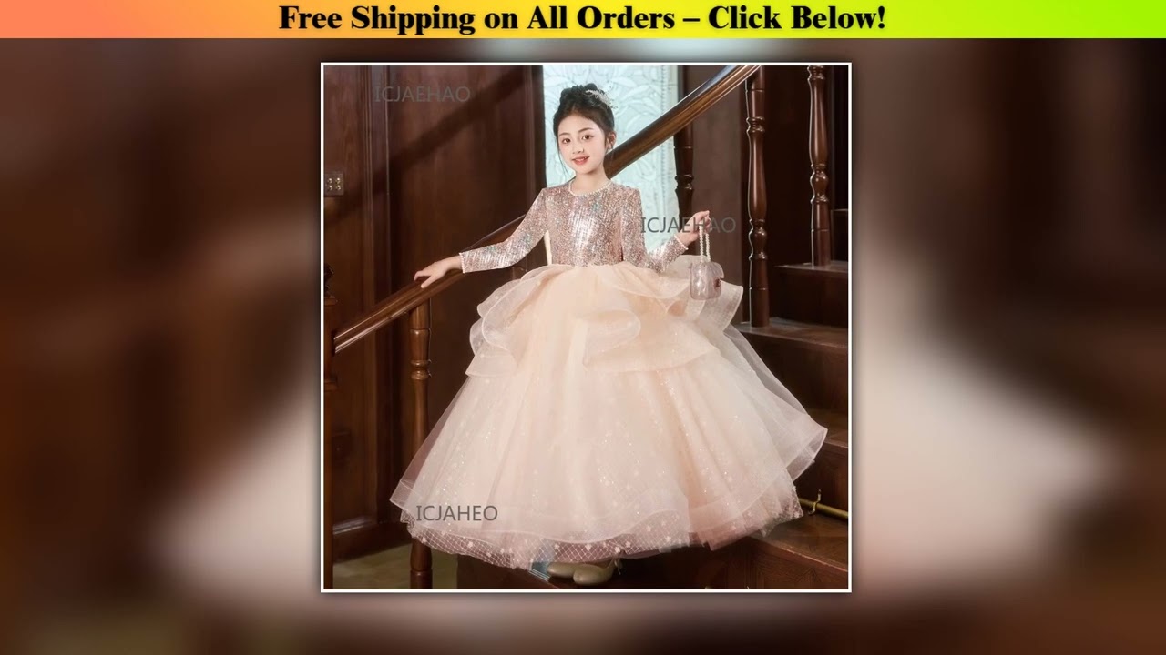 Long Dress Children Girls Long Sleeve Pageant Outfit Dresses Clothes Kids Flower Girl Costume