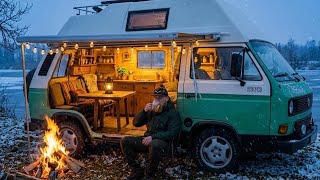 Wild Mountain River &amp; Old Camper: Unexpected Snowfall | Sounds of Camping | ASMR