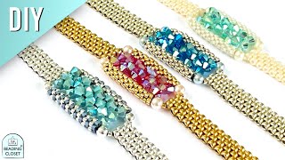 How to make a custom beaded bracelet with 4 mm bicone crystals and seed beads using peyote stitch.