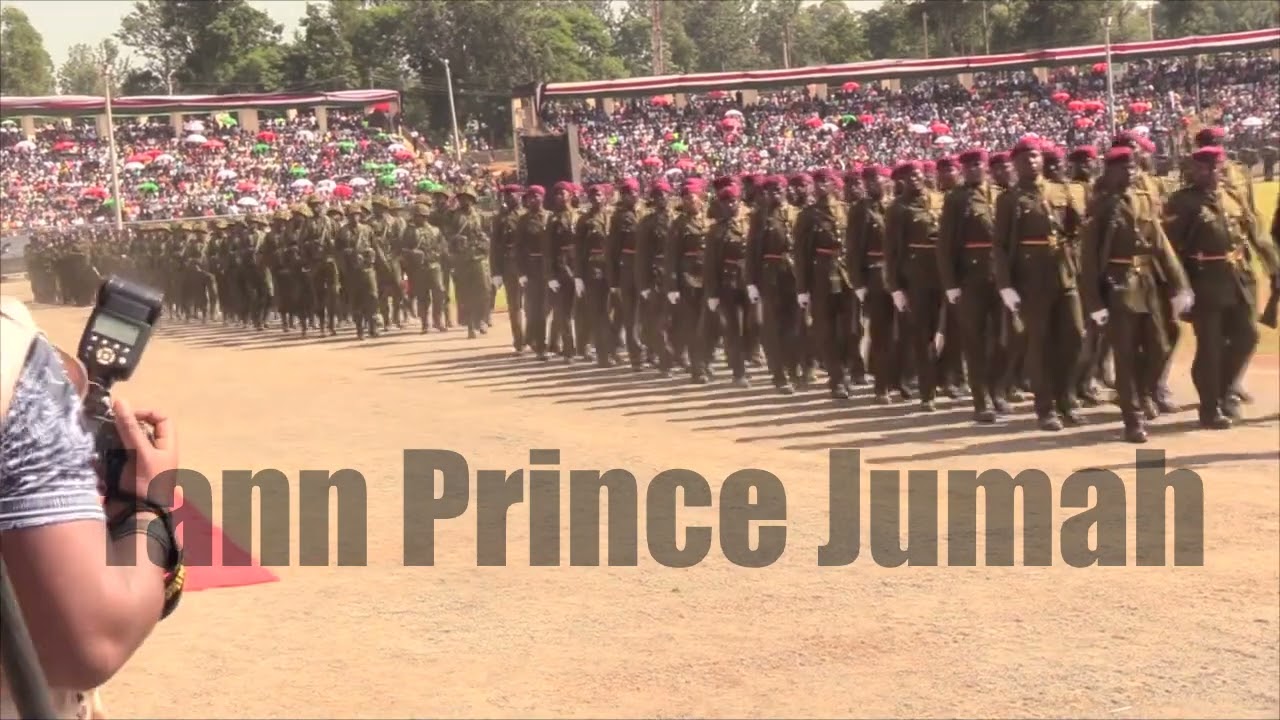 Troops march past presidential dias during the 61st Madaraka Day celebrations