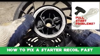How to fix a pull starter recoil spring and replace a stuck or limp pull cord