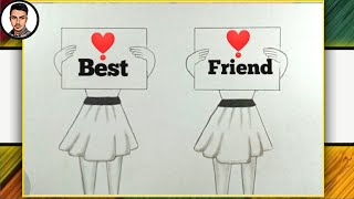 how to draw friendship day drawing | Best friend pencil sketch - step by step | very easy | drawing