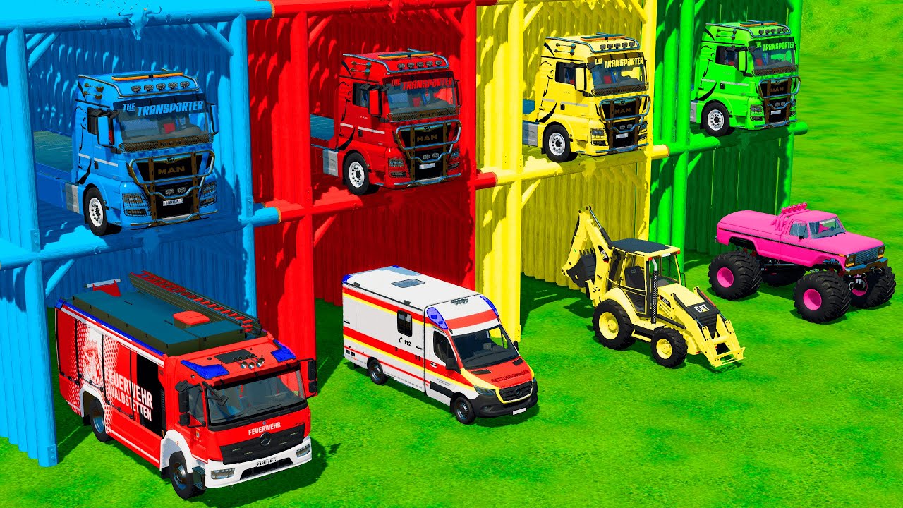DACIA DODGE VOLKSWAGEN DUSTER POLICE CARS AND MERCEDES FIRE TRUCK TRANSPORTING WITH TRUCKS! FS22