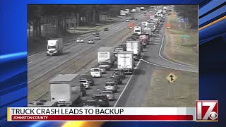 Traffic backed up 1+ mile after truck flips on I-95 near Selma in Johnston County