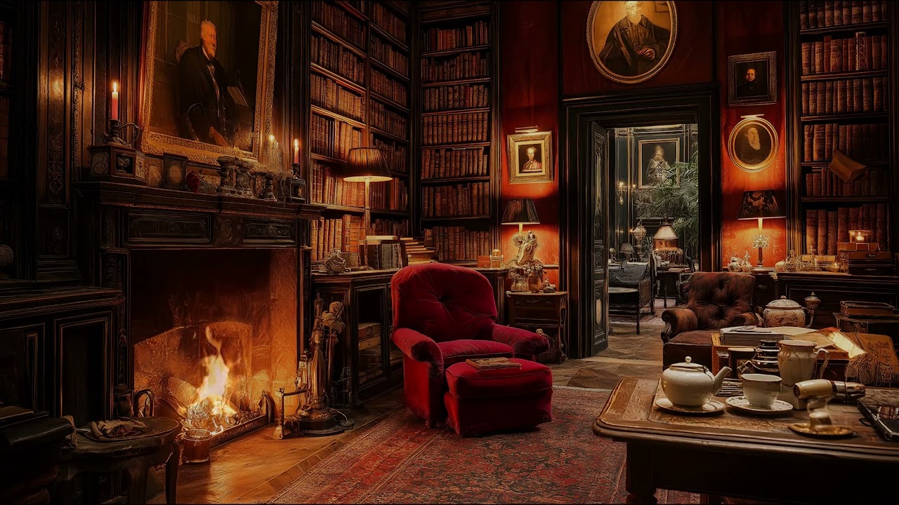Peaceful Fireplace Ambience in a Cozy Old Library with Gentle Fire Sounds for Deep Rest and Calm
