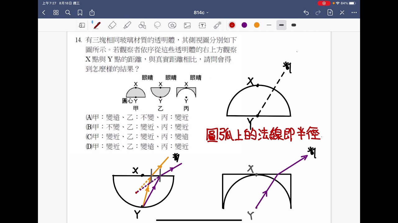 八上ch4光的折射，學生提問（圓弧面的法線如何畫？鉛直入射不偏折）