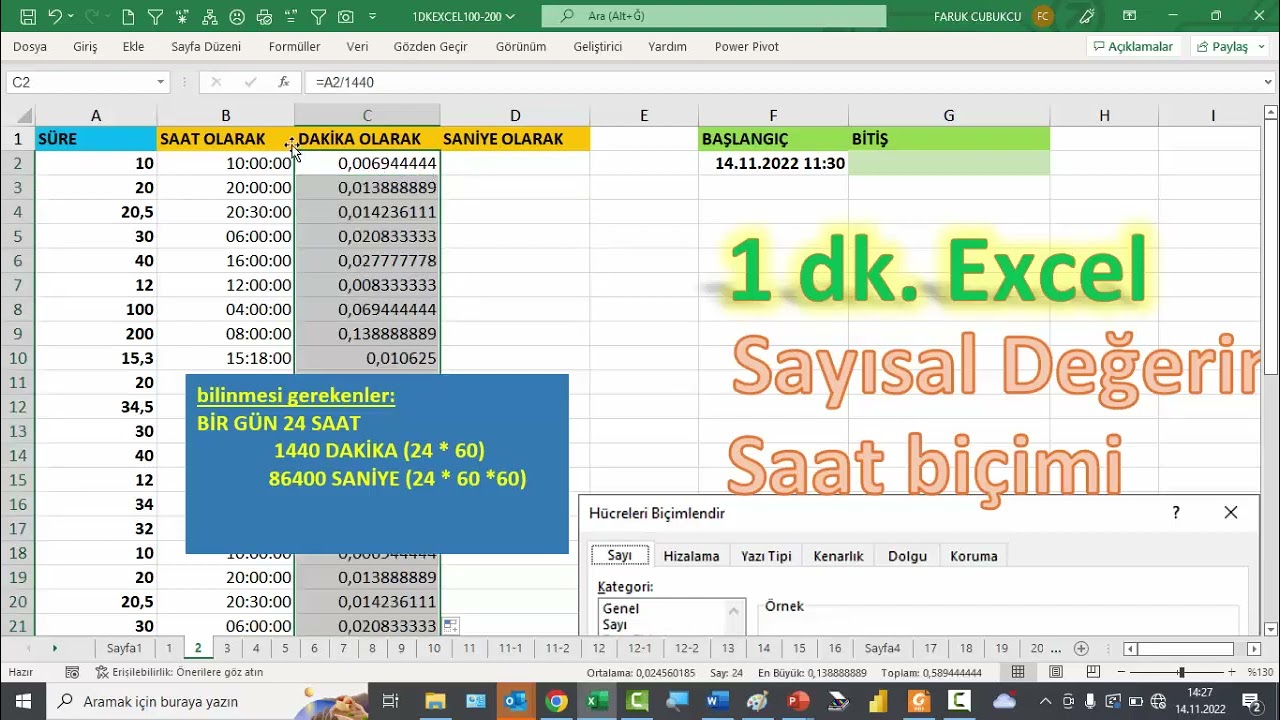 Excel 1 Dakika - Sayısal Değerlerin Saat / Dakika / Saniye Karşılıkları