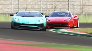 Onboard ferrari 458 italia vs lamborghini aventador sv at imola