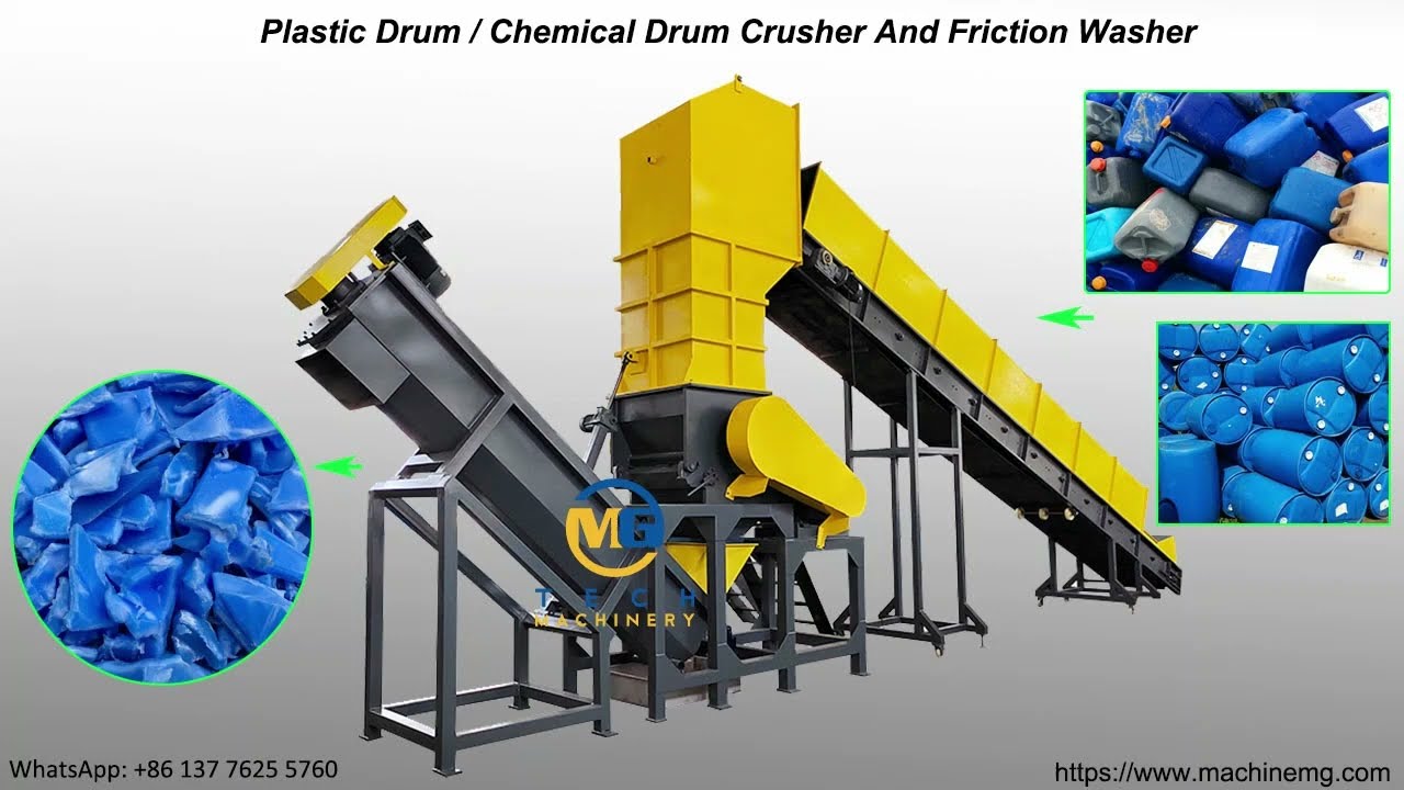 What Large HDPE PP plastic drum crusher machine crushing hazardous waste chemical drums