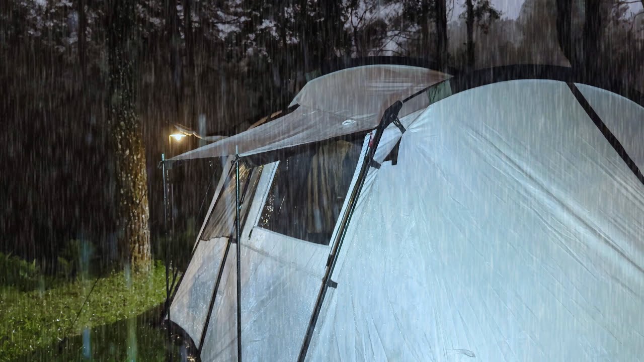 Forest Camping with a Large Tent in Windy and Rainy Weather