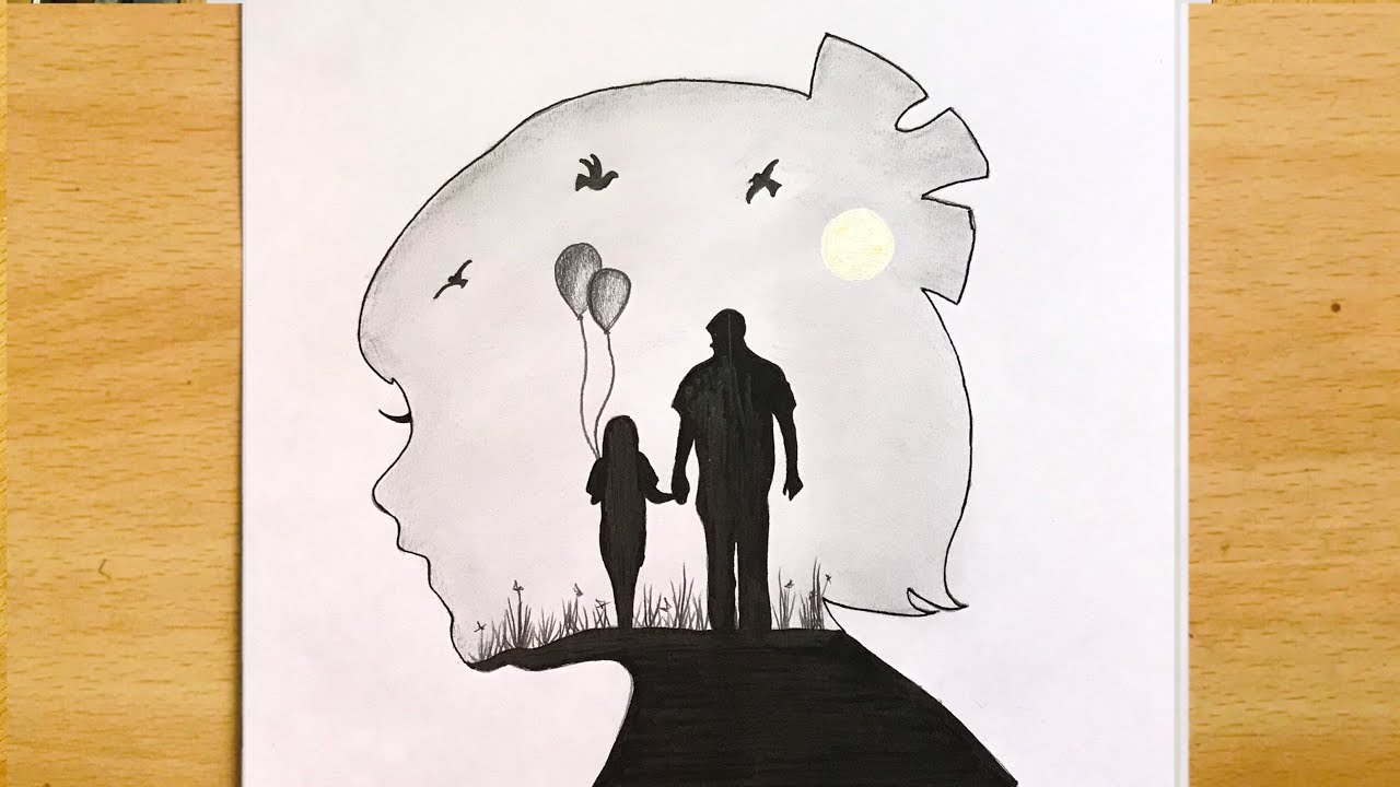 Father's Day Drawing Easy Step by Step | Father and Child in Moonlight | Scenery