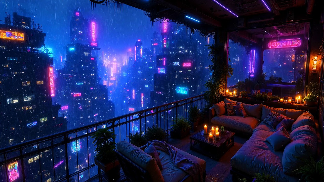 Lofi Ambient – Heavy Rain on Neon Cyberpunk City Balcony at Night | Deep Sleep and Study Vibes | 4K
