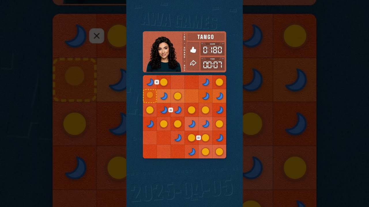 LinkedIn Tango #180 solved board for April 5, 2025, 6x6 grid