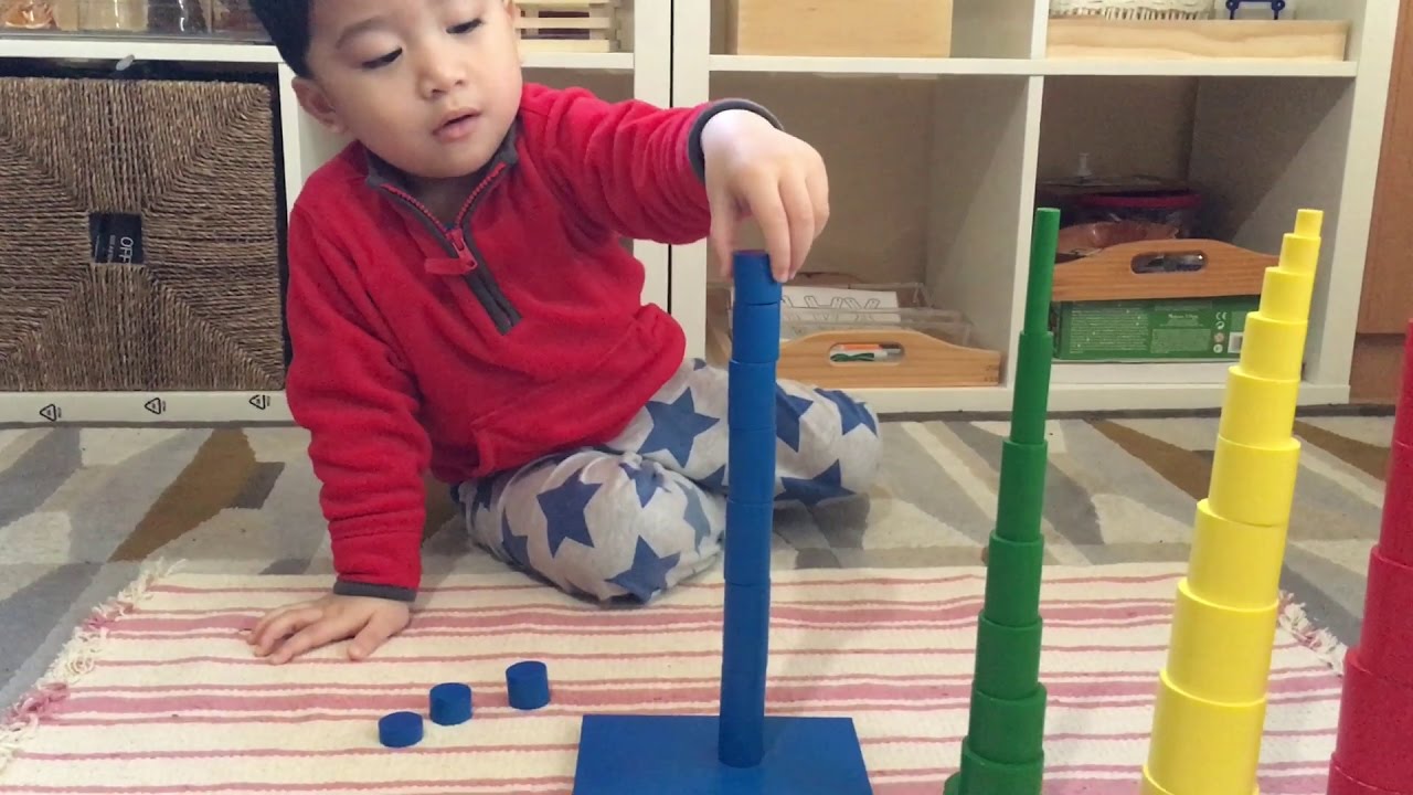 Montessori Materials Knobless Cylinders Building Towers Activity - YouTube