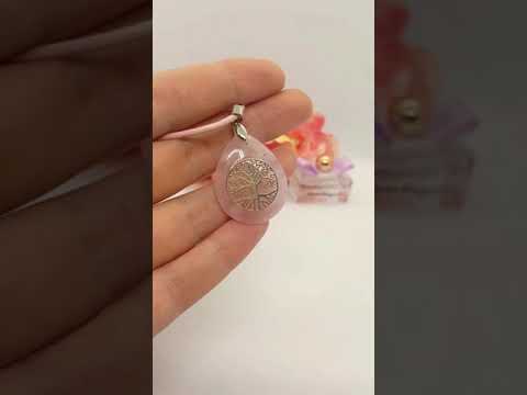 Кулон амулет "дерево життя" на шкіряному шнурку натуральний камінь рожевий кварц, видео 1