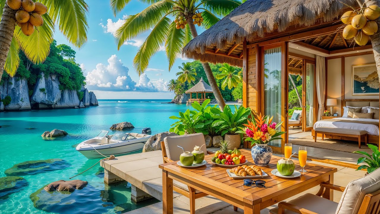 🌴 Luxury Tropical Resort & Ocean Waves | Smooth Morning Jazz and Nature Sounds for Good Mood